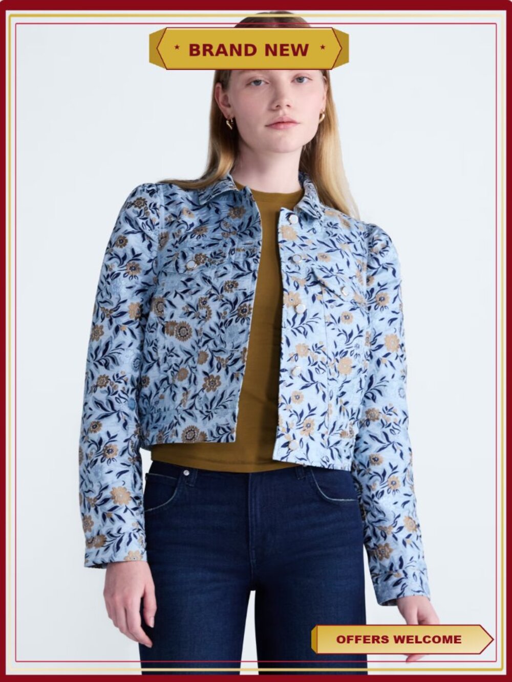Cropped Trucker Jacket with Puff Sleeves and Embroidery
